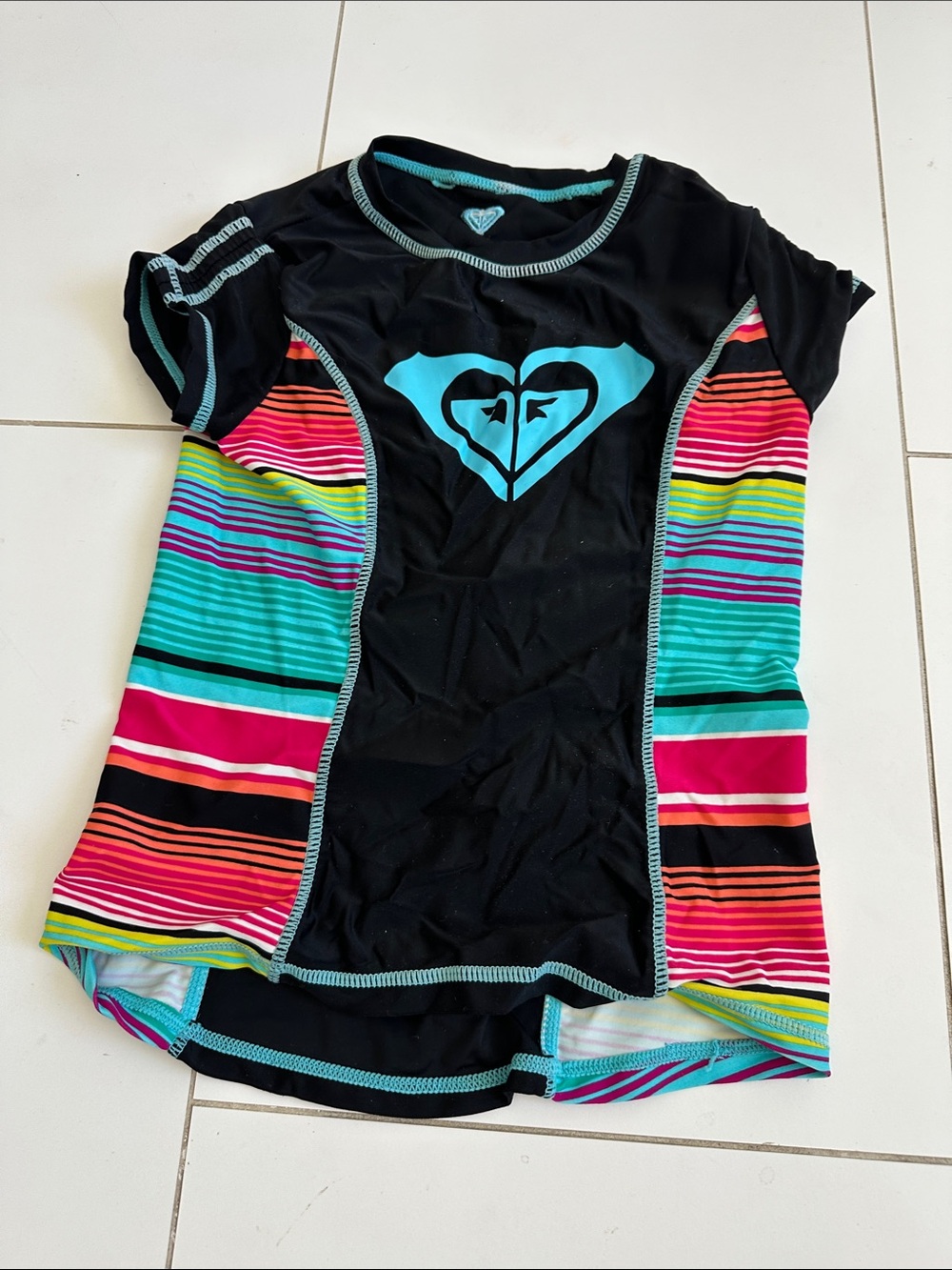 Roxy Black Rashguard with Turquoise Logo & Multi-Color Stripes girls 6